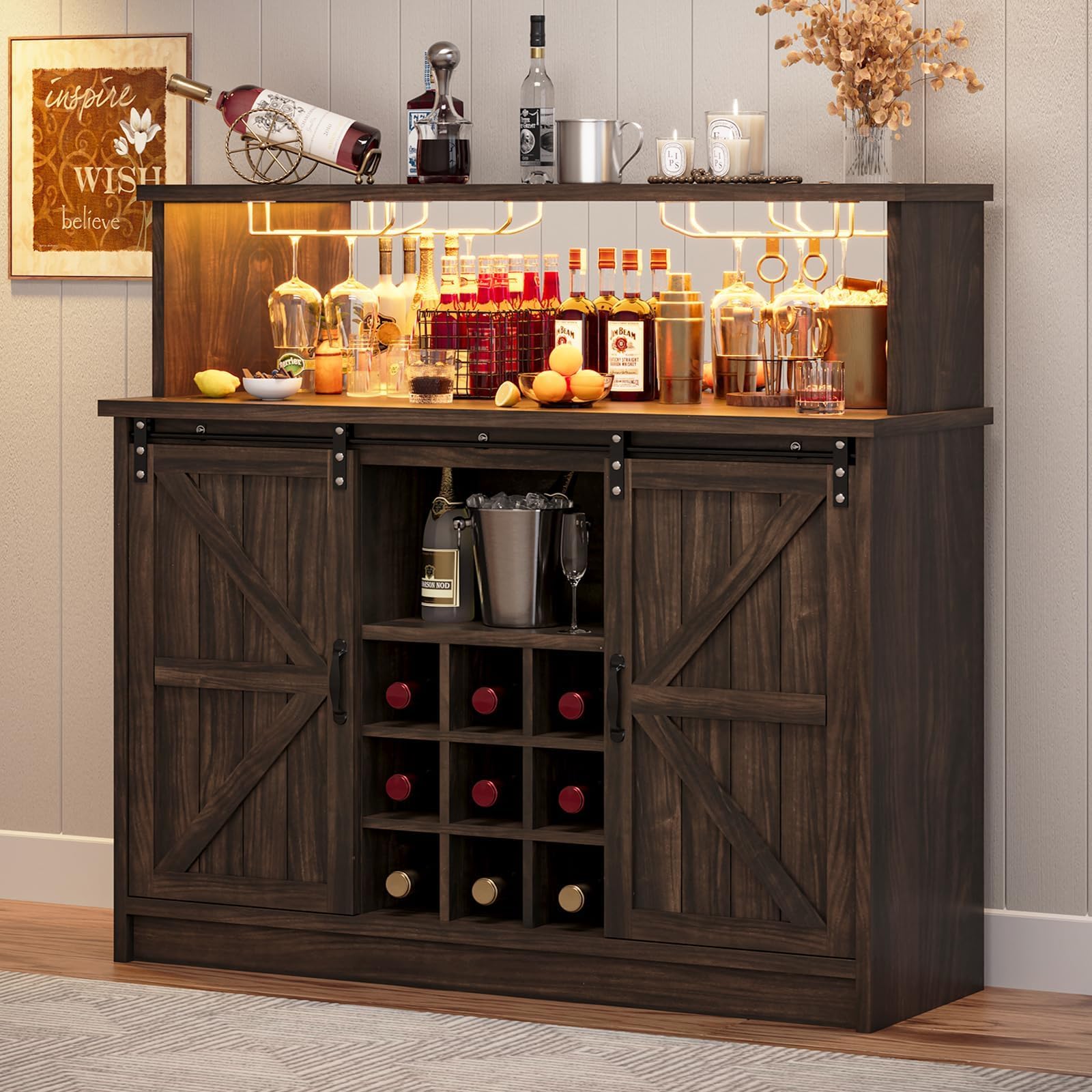 4ever2buy Farmhouse Wine Bar Cabinet with LED Light & Mirror, 47” Buffet Sideboard with 4 Glass Hooks & 9 Wine Racks, Coffee Bar Cabinet with Sliding Barn Door for Kitchen Dining Living Room, Brown