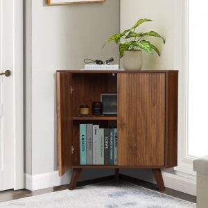 XUZENEST Fluted Floor Corner Cabinet, Small Corner Floor Cabinet with Adjustable Shelve, Freestanding Narrow Cabinet Organizer for Living Room Kitchen Bathroom, Walnut