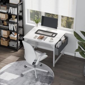 Shahoo Small Computer Desk for Bedroom 32 Inch Office Writing Work Study Kids Student Bedroom Wood Modern Simple Table with Storage Bag & Headphone Hooks, White