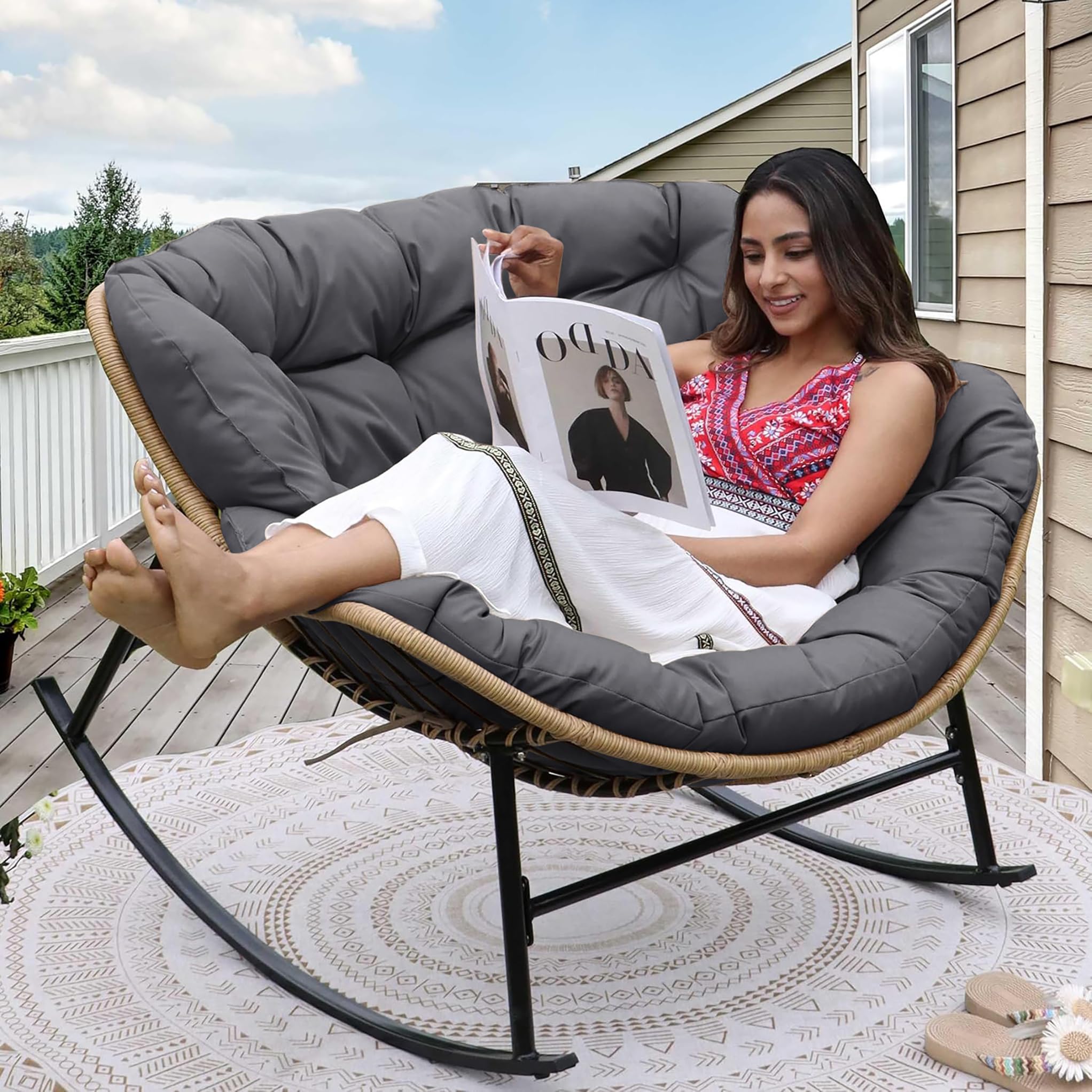 NICESOUL® Indoor Outdoor Rocking Chair with Cushion, Oversized Patio Papasan Rocking Chair, Water Resistant Egg Royal Rocking Chair Grey, 450Lbs Sturdy Comfy Recliner Large Lounging Chair