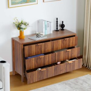 XUZENEST Fluted 6 Drawer Double Dresser for Bedroom, 47" Wide Modern Closet Dressers Chest of Drawers, Wood Storage Dresser Organizer for Nursery Bedroom Living Room Hallway Closet, Walnut