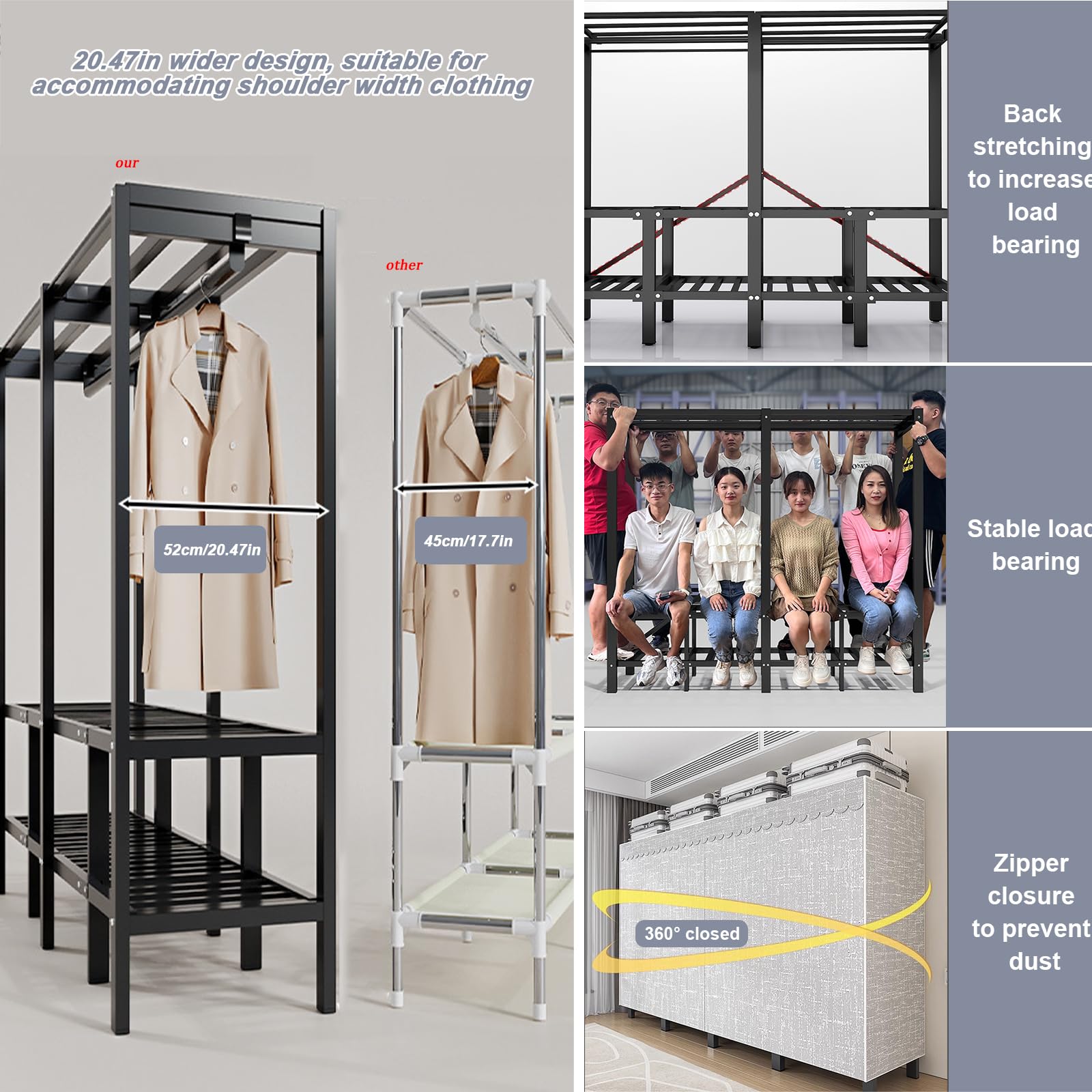 59in Portable Wardrobe Closet Rack 1200lbs Heavy-Duty Foldable Garment Rack With Cover Freestanding Clothes Organizer System enclosed Curtain Armoires For Hanging Clothes For Bedroom (150cm/59in)