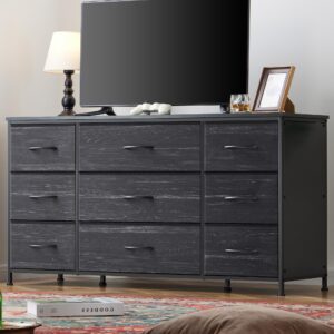 EnHomee Dresser, Dresser for Bedroom with 9 Drawers, Wide Dresser TV Stand for 55” TV Stand for Bedroom Dresser Long Dressers & Chests of Drawers, Metal Frame&Wood Top, Closet, Hallway, Charcoal Black