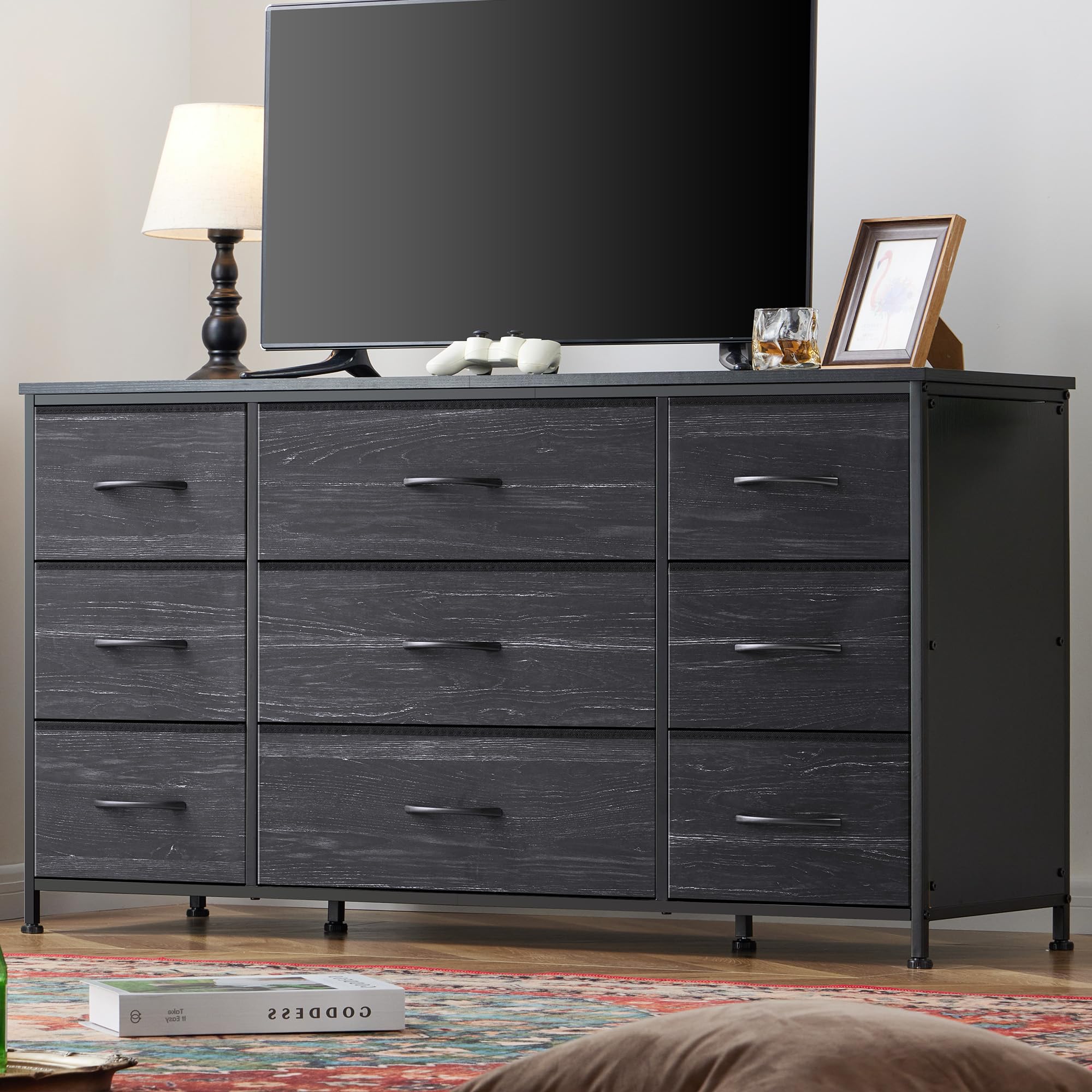 EnHomee Dresser, Dresser for Bedroom with 9 Drawers, Wide Dresser TV Stand for 55” TV Stand for Bedroom Dresser Long Dressers & Chests of Drawers, Metal Frame&Wood Top, Closet, Hallway, Charcoal Black