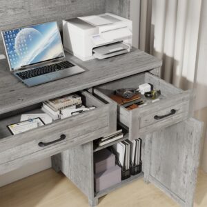 Farmhouse 61'' Executive Desk with 5 Drawers, Rustic Office Desk Computer Desk with Charging Station, File Drawers and Storage Cabinet, Wood Workstation for Home Office and Study, Gray