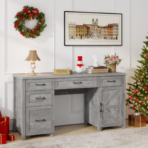 Farmhouse 61'' Executive Desk with 5 Drawers, Rustic Office Desk Computer Desk with Charging Station, File Drawers and Storage Cabinet, Wood Workstation for Home Office and Study, Gray