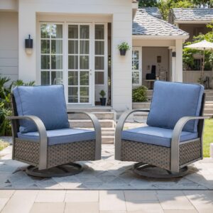 HUMMUH Patio Swivel Glider Outdoor Chair-All Weather Rattan Wicker Patio Swivel Rocking Chairs Porch Chair for Deck Porch Lawn Garden Backyard-Brown/Blue