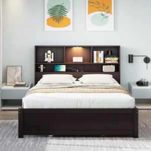 Merax Full Size Wood Platform Bed with Bookcase Headboard, Built-in Downlight, Charging Station, and 2 Side Drawers, Expresso