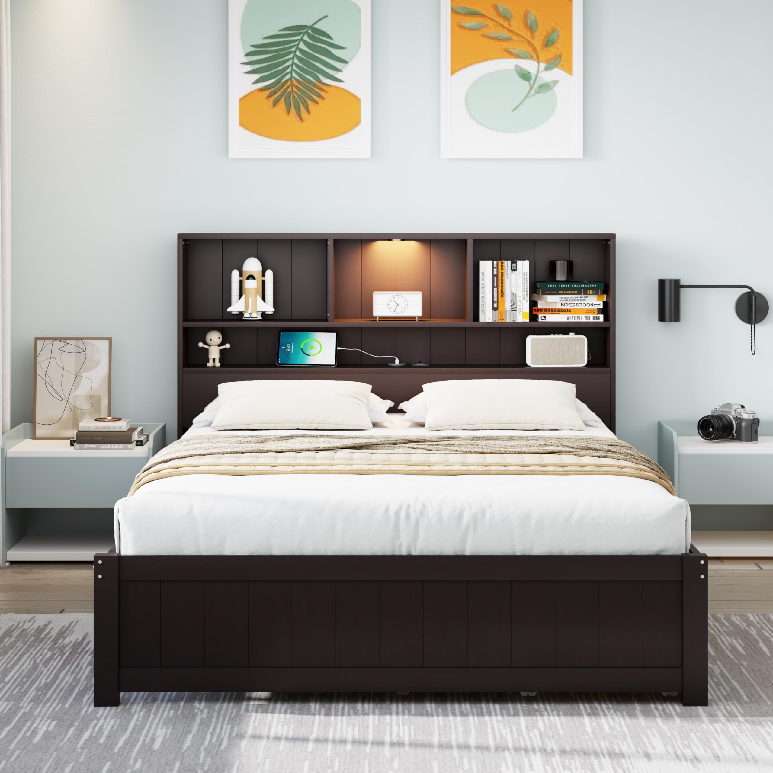 Merax Full Size Wood Platform Bed with Bookcase Headboard, Built-in Downlight, Charging Station, and 2 Side Drawers, Expresso