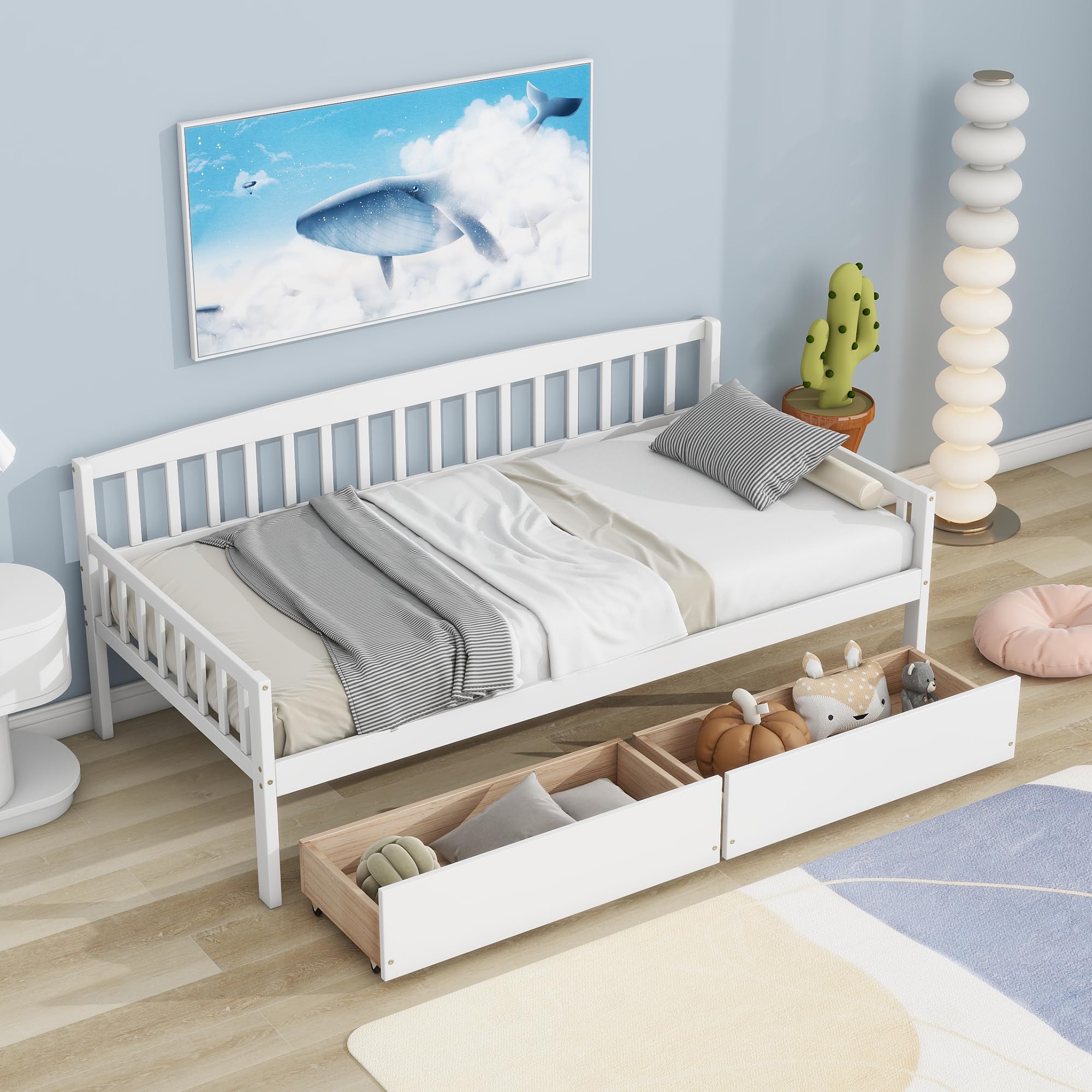 Twin Size Daybed Frame with Storage Drawers,Wood Day Bed Frame Twin Size,Daybed with Storage for Bedroom,Living Room,Kids Room, White