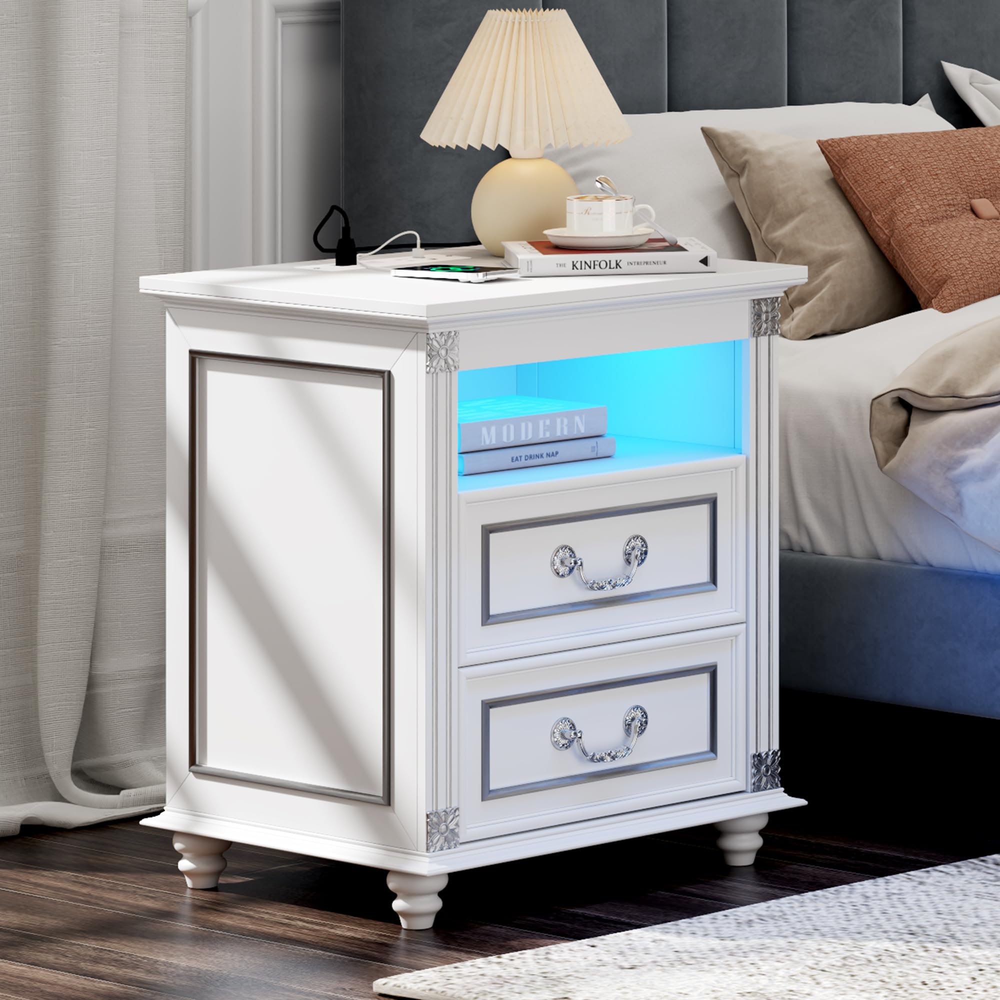 SKKTKT Night Stand with Charging Station, Nightstands with 3 Color LED Lights, Side Table with 2 Drawers Storage, Bedside End Table with Outlets and USB Ports for Bedroom, White