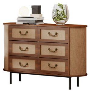 fursch rattan 6 drawer dresser for bedroom,47.2" curved wooden chest of drawers,large six drawer double dresser for bedroom (walnut, 47.2inch)