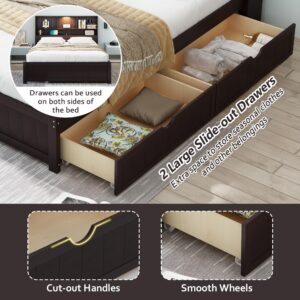 Merax Full Size Wood Platform Bed with Bookcase Headboard, Built-in Downlight, Charging Station, and 2 Side Drawers, Expresso