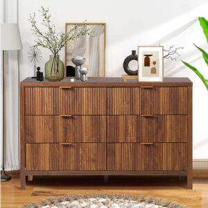 XUZENEST Fluted 6 Drawer Double Dresser for Bedroom, 47" Wide Modern Closet Dressers Chest of Drawers, Wood Storage Dresser Organizer for Nursery Bedroom Living Room Hallway Closet, Walnut