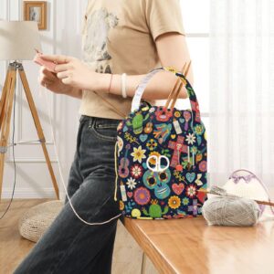 RunningBear Halloween Colorful Sugar Skull Crochet Bag Yarn Holder Round Yarn Bag Knit Tote Bag Knitting Crochet Storage Bag for Knitting Accessories