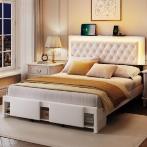 xepamu bed frame full, full size bed frame with led lights headboard and charging station, full size bed frame with storage cabinets, sliding barn door/noiseless/no box spring needed/metal support