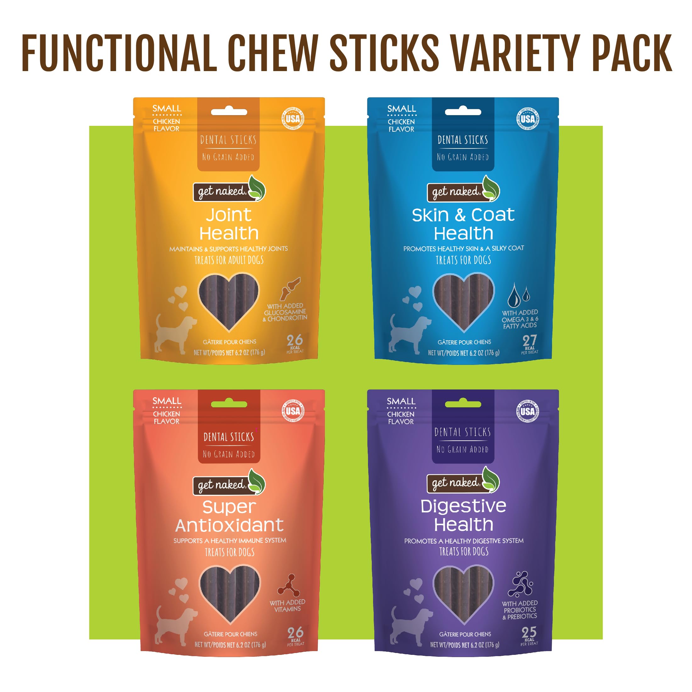 Get Naked Dental Sticks Grain-Free Chicken Flavor Dog Treats Variety Pack, Digestive Health + Skin & Coat + Joint Health + Super Antioxidant, Total 4 Bags, 24.8-oz, 64 Sticks