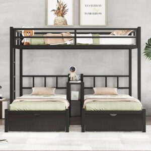 Full XL Over Twin Over Twin Bunk Bed for 3 Kids, Heavy Duty Triple Bunk Bed with Storage Drawers, Shelf, Guardrails and Ladder, Full XL Over Twin Over Twin Triple Bunk for Kids, Teens, Black