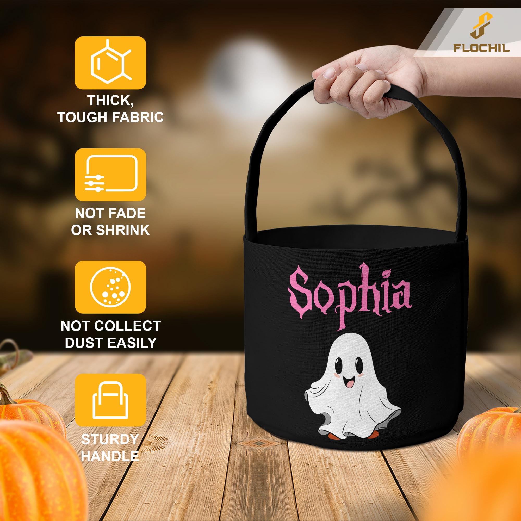 FLOCHIL Personalized Halloween Bags for Trick Or Treat, Custom Baby Halloween Candy Bucket with Name, Halloween Trick Or Treat Bag for Boy, Girl