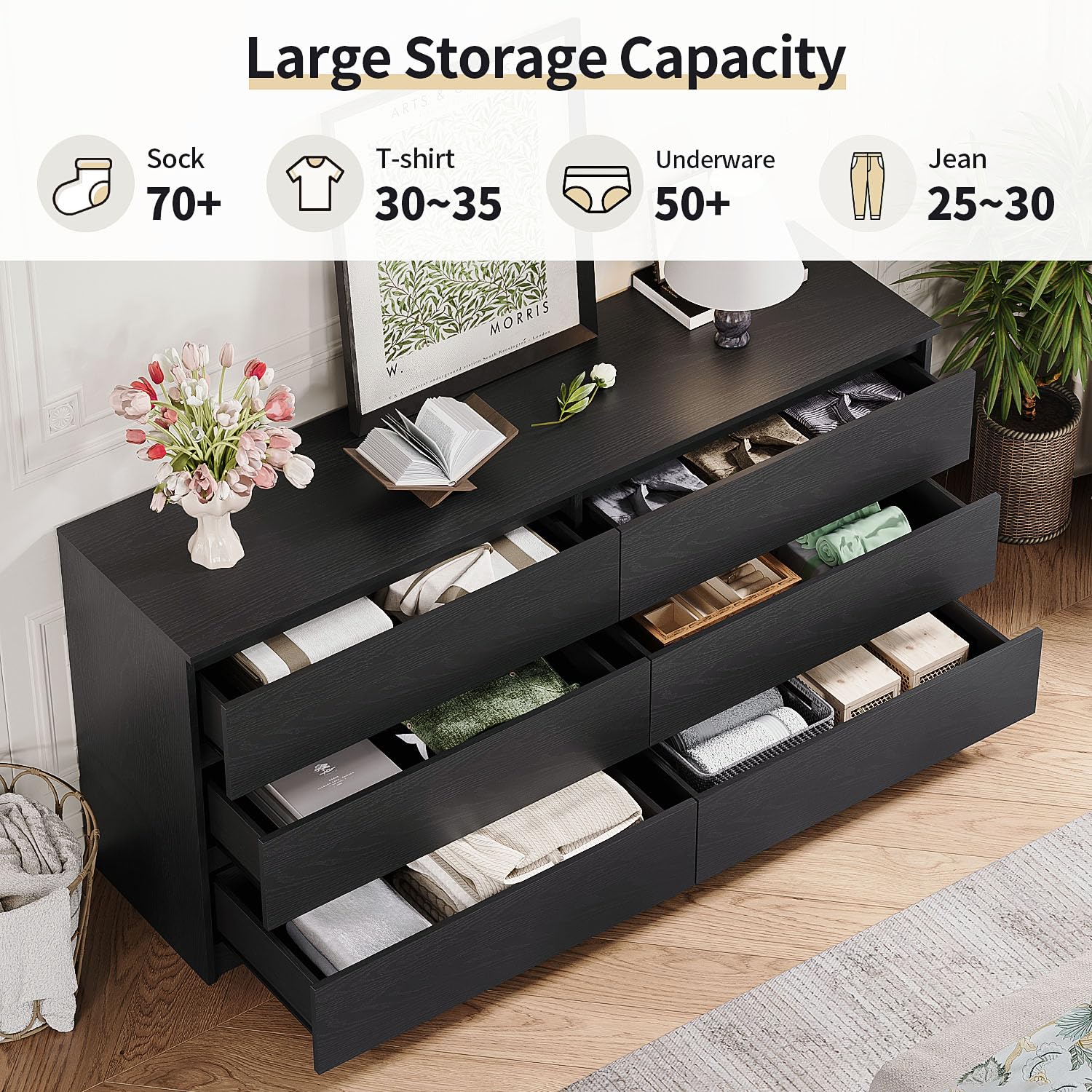 Angel Sar 59'' Dresser for Bedroom, Modern Black 6 Drawer Dresser, Long Dresser with Spacious Tabletop, Smooth Slides, Handlefree Design & Sturdy Base, Double Drawer Dresser for Closet