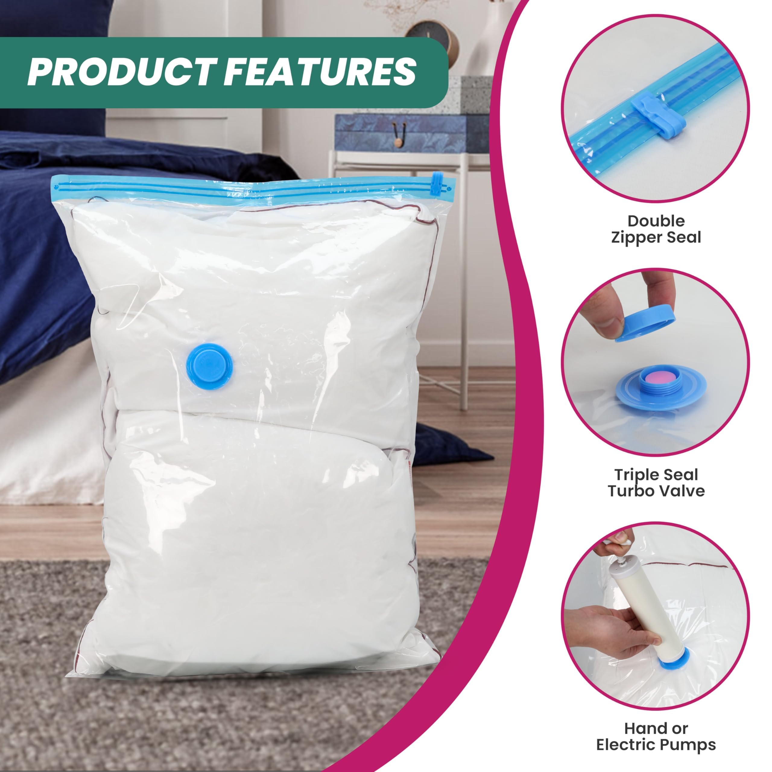 HealSmart Vacuum Storage Bags 30 Pack, Space Saver Storage Bags, Vacuum Sealed Storage Bags for Clothes, Comforters, Blankets and Pillows, Hand Pump Included (5 Jumbo/5 L/5 M/5 S/5 Roll M/5 Roll S)