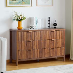 xuzenest fluted 6 drawer double dresser for bedroom, 47" wide modern closet dressers chest of drawers, wood storage dresser organizer for nursery bedroom living room hallway closet, walnut