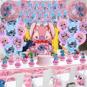 Stitch Party Supplies, 101PCS Birthday Decorations Set Include Banner, Balloons, Stickers, Hanging Swirls, Cake Cupcake Toppers, Tablecloth for Girls Pink Stitch Theme Party