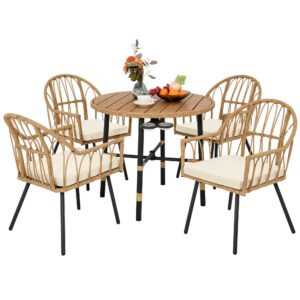 YITAHOME 5 Pieces Patio Dining Table Chair Set, Outdoor Table and Chairs with 4 Holders, Patio Furniture Set with Umbrella Hole, Outdoor Rattan Dining Table Set for Patio, Backyard, Balcony, Garden