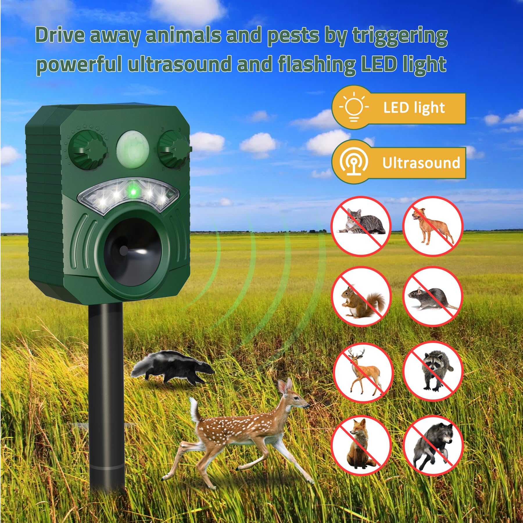 Ultrasonic Animal Repellent Solar Deer Deterrent Squirrel Repeller Outdoor Repel Raccoon Fox Rabbit Dog Cat with Motion Sensor and Flashing Light Waterproof 2 Pack