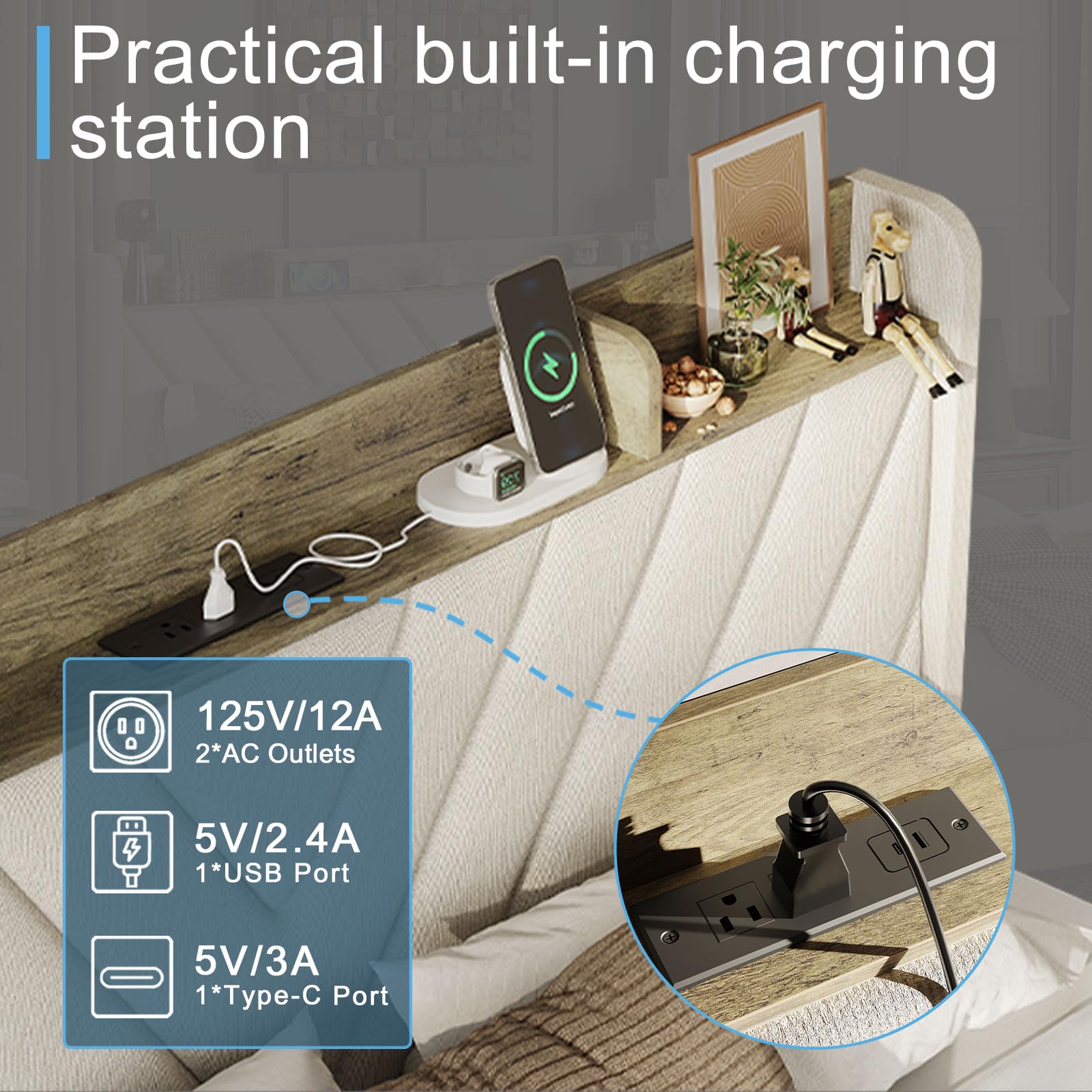 DIYSET Queen Bed Frame with Charging Station Headboard, Upholstered Platform Bed Strong Wooden Slats Support, with 4 Storage Drawers, Noise-Free, No Box Spring Needed, Easy Assembly, Beige