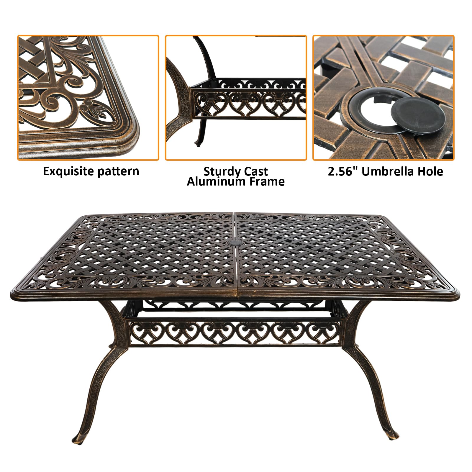 PATIO-IN 5 Piece Outdoor Dining Set, Cast Aluminum Patio Dining Set for 4 Person, Patio Furniture Set with 59" Rectangle Patio Table(2.56" Umbrella Hole) and 4 Chairs