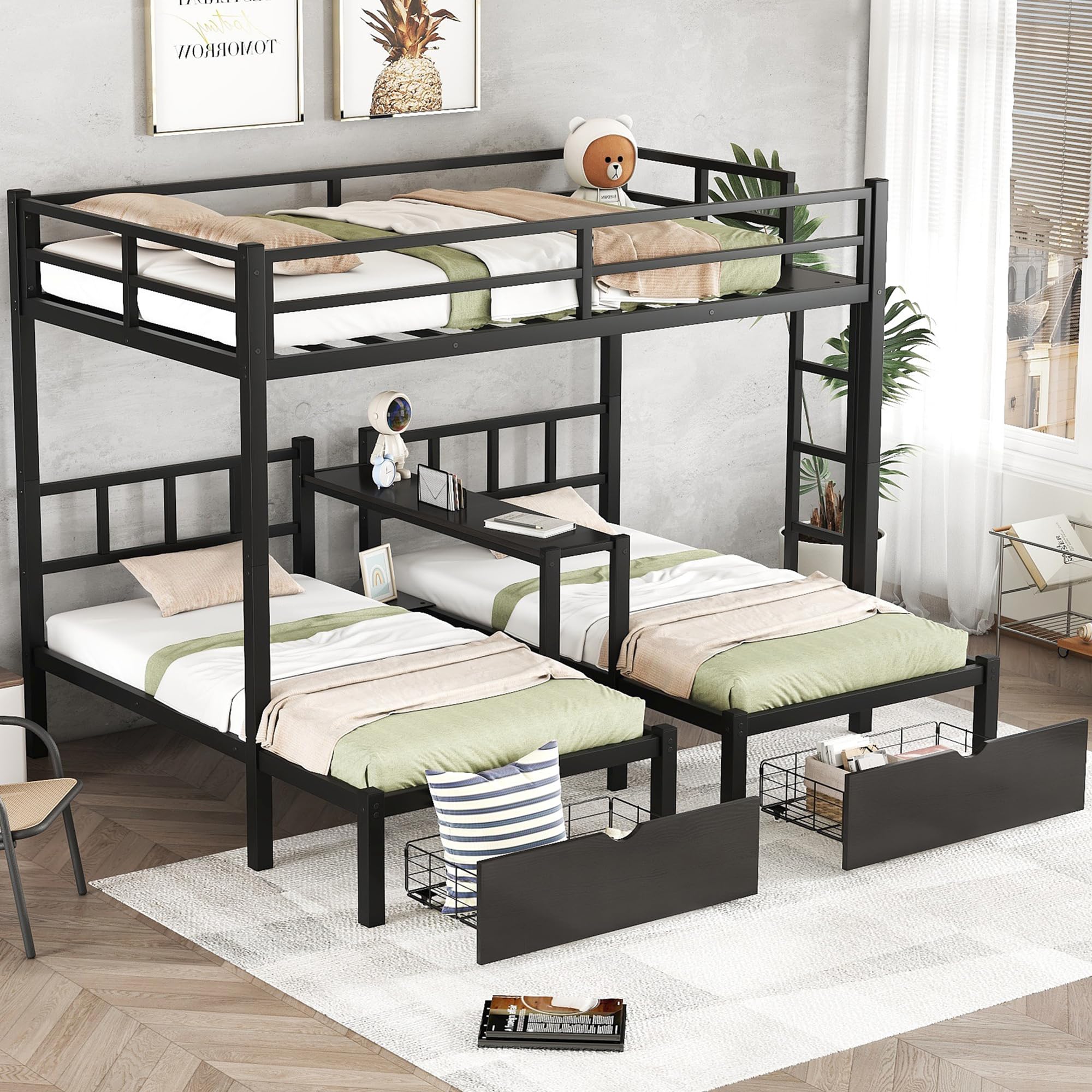 Full XL Over Twin Over Twin Bunk Bed for 3 Kids, Heavy Duty Triple Bunk Bed with Storage Drawers, Shelf, Guardrails and Ladder, Full XL Over Twin Over Twin Triple Bunk for Kids, Teens, Black