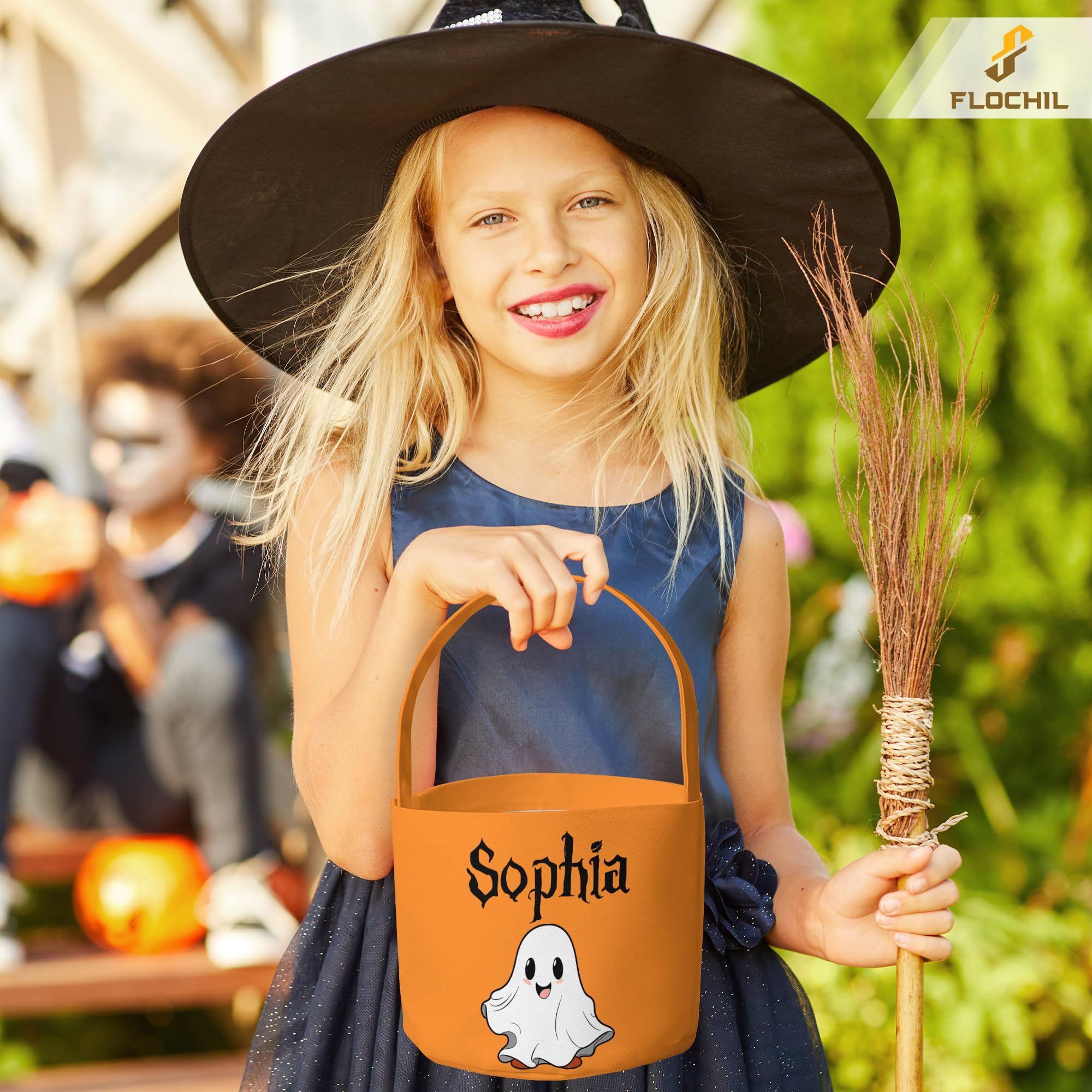 FLOCHIL Personalized Halloween Bags for Trick Or Treat, Custom Baby Halloween Candy Bucket with Name, Halloween Trick Or Treat Bag for Boy, Girl