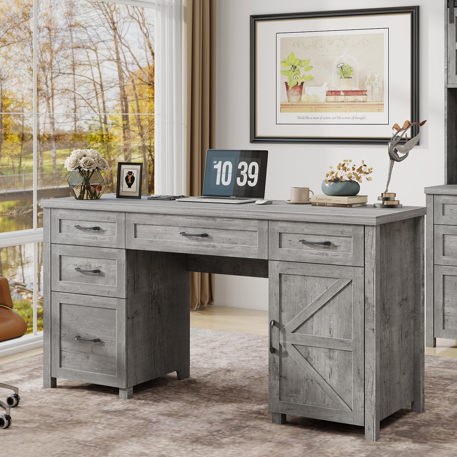 Farmhouse 61'' Executive Desk with 5 Drawers, Rustic Office Desk Computer Desk with Charging Station, File Drawers and Storage Cabinet, Wood Workstation for Home Office and Study, Gray