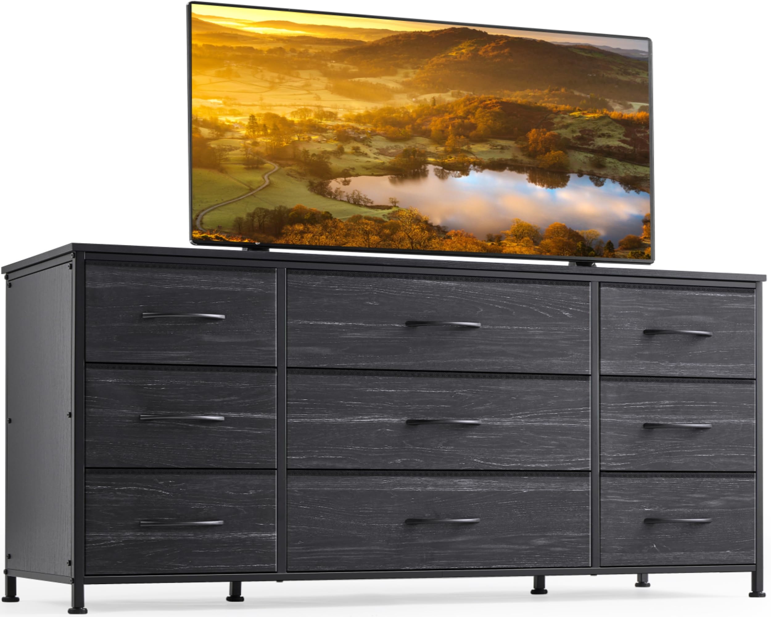 EnHomee Dresser, Dresser for Bedroom with 9 Drawers, Wide Dresser TV Stand for 55” TV Stand for Bedroom Dresser Long Dressers & Chests of Drawers, Metal Frame&Wood Top, Closet, Hallway, Charcoal Black