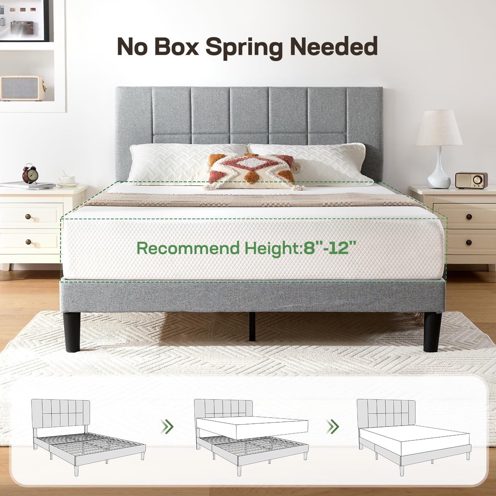 Marsail Upholstered Platform Bed Frame, 1000 lbs Weight Capacity, Sturdy Queen Size Bed Frame with Space for Under-Bed Storage, Easy Assembly, No Box Spring Needed, Fits 8”-15” Mattresses