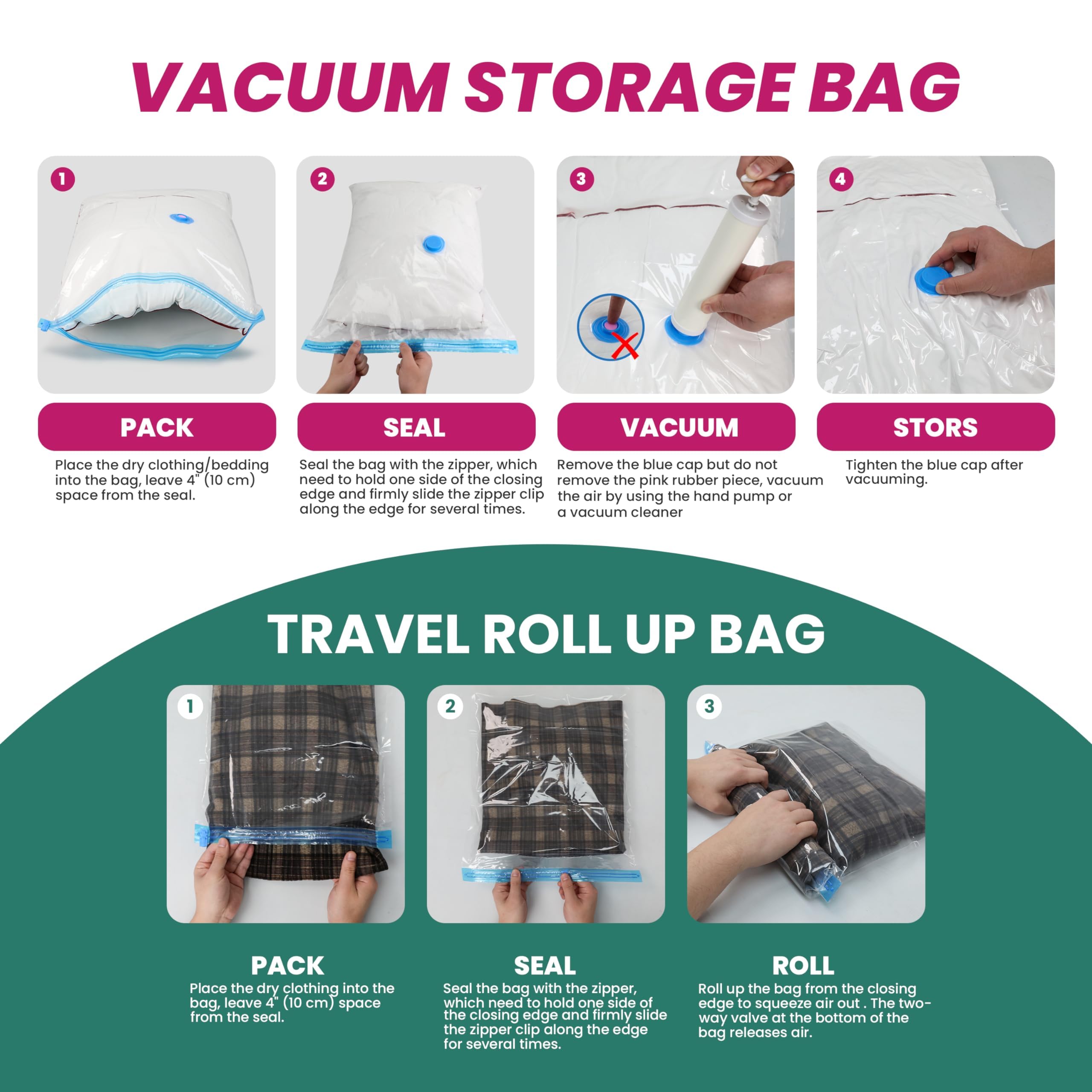 HealSmart Vacuum Storage Bags 30 Pack, Space Saver Storage Bags, Vacuum Sealed Storage Bags for Clothes, Comforters, Blankets and Pillows, Hand Pump Included (5 Jumbo/5 L/5 M/5 S/5 Roll M/5 Roll S)