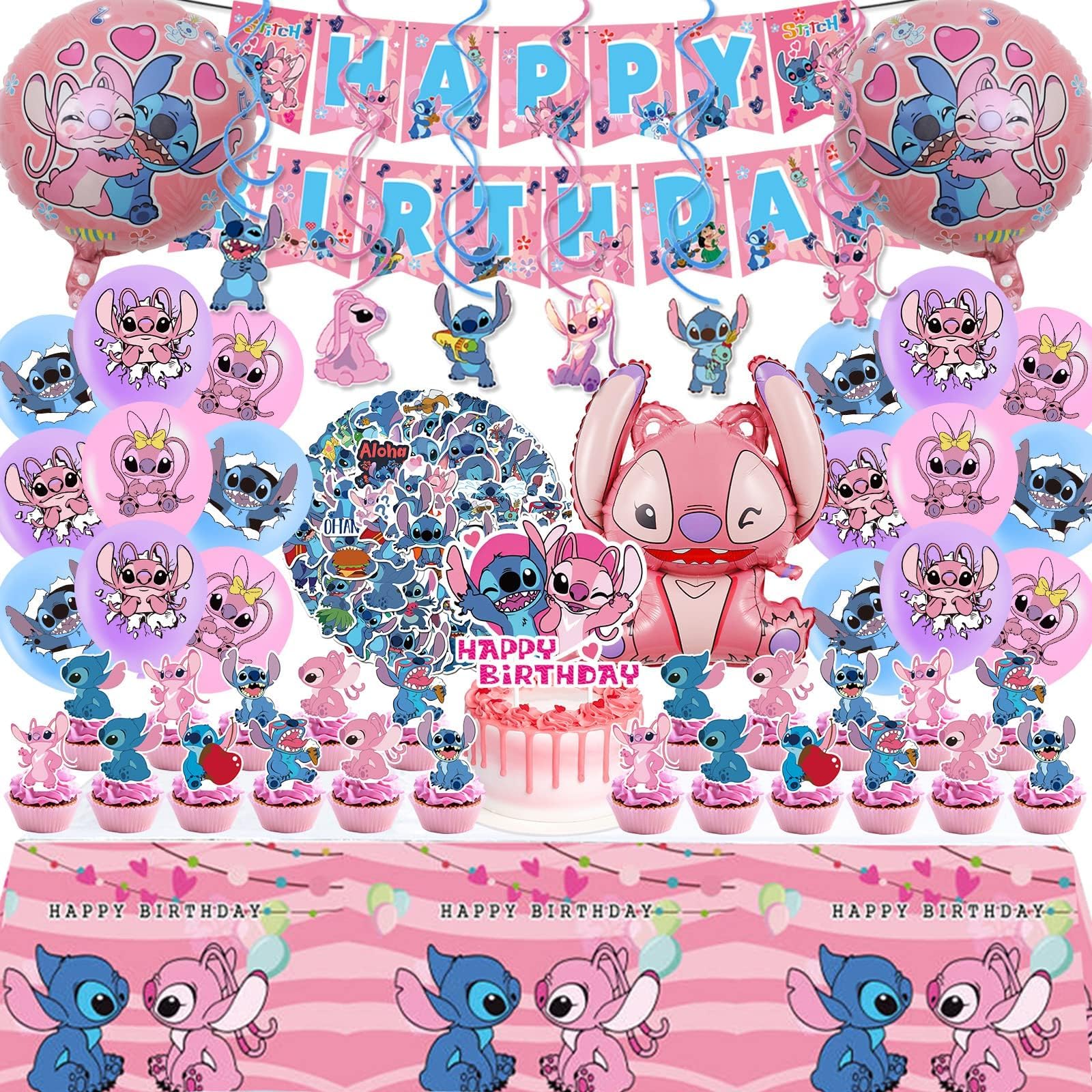 Stitch Party Supplies, 101PCS Birthday Decorations Set Include Banner, Balloons, Stickers, Hanging Swirls, Cake Cupcake Toppers, Tablecloth for Girls Pink Stitch Theme Party