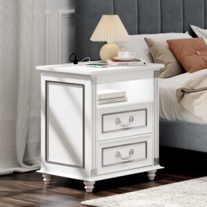 SKKTKT Night Stand with Charging Station, Nightstands with 3 Color LED Lights, Side Table with 2 Drawers Storage, Bedside End Table with Outlets and USB Ports for Bedroom, White