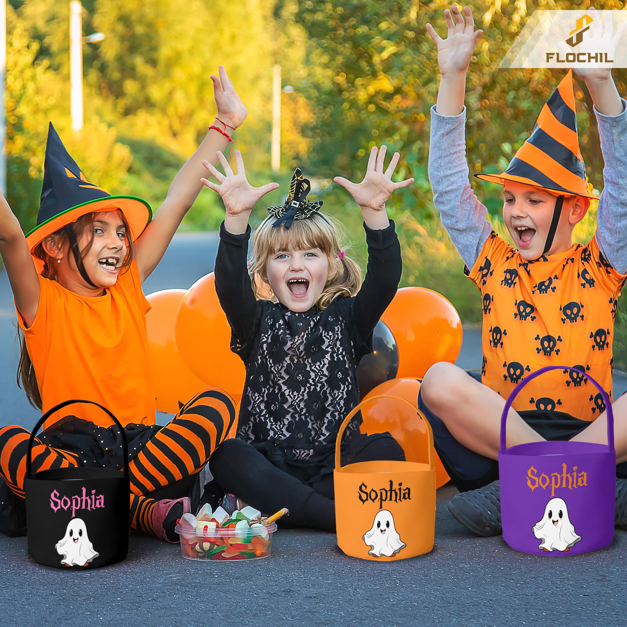 FLOCHIL Personalized Halloween Bags for Trick Or Treat, Custom Baby Halloween Candy Bucket with Name, Halloween Trick Or Treat Bag for Boy, Girl