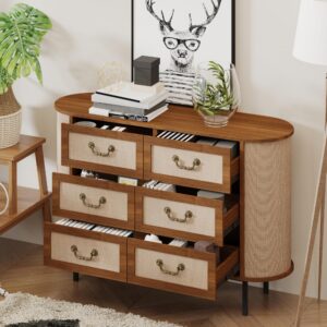 FurSch Rattan 6 Drawer Dresser for Bedroom,47.2" Curved Wooden Chest of Drawers,Large Six Drawer Double Dresser for Bedroom (Walnut, 47.2inch)