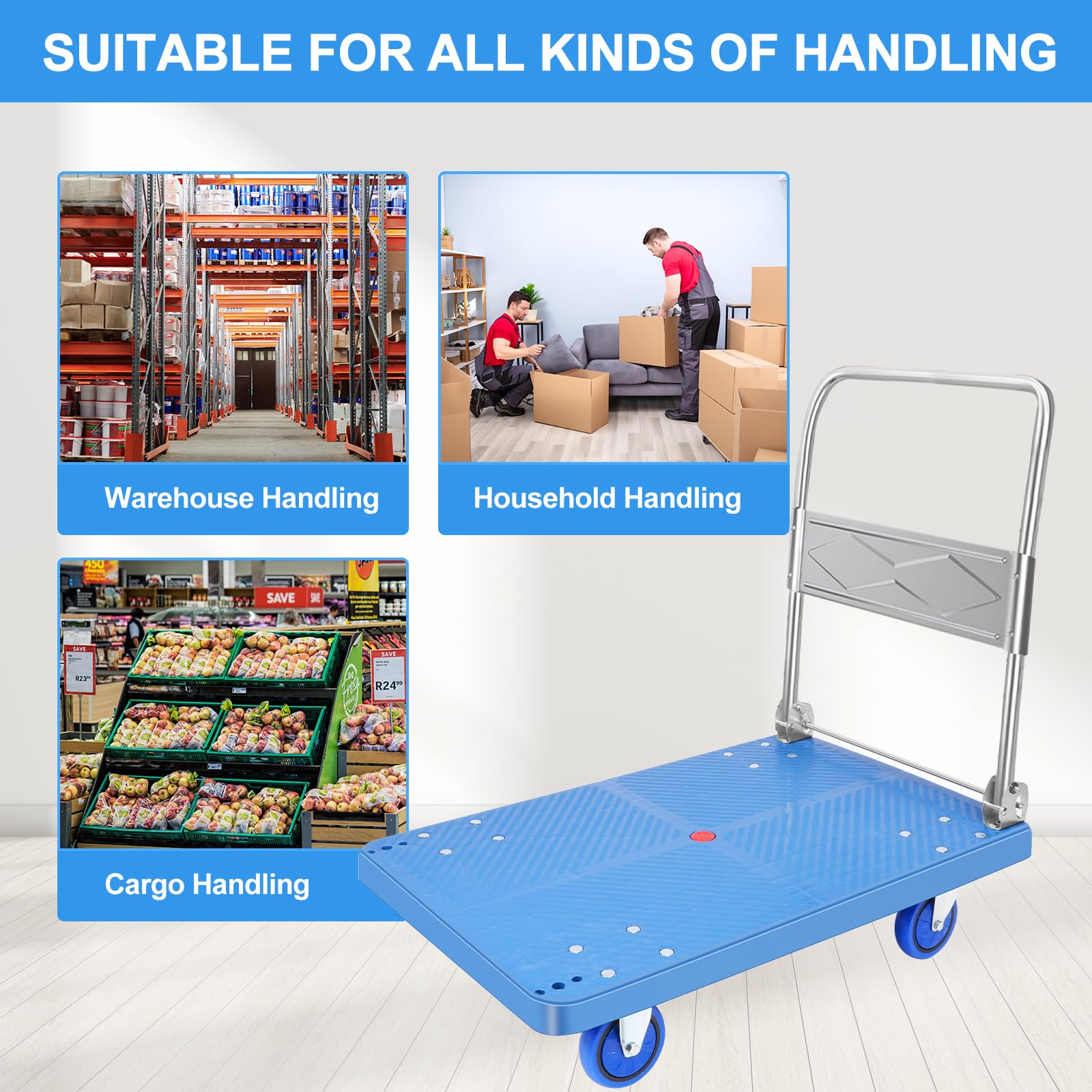 Folding Dolly Cart with Wheels Collapsible - 1500lbs Alloy Steel Portable Foldable Moving Push Utility Flat Hand Trucks, Heavy Duty Trolley Dolley with 360 Degree Swivel Wheels (Blue, PP-S)