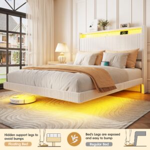 Fameill Queen Size Floating Bed Frame Metal Platform Bed with Charging Station, LED Lights, Comfy Corduroy, Tall Headboard Queen Bed Frame, No Box Spring Needed, Easy Assembly, Beige