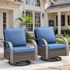 HUMMUH Patio Swivel Glider Outdoor Chair-All Weather Rattan Wicker Patio Swivel Rocking Chairs Porch Chair for Deck Porch Lawn Garden Backyard-Brown/Blue