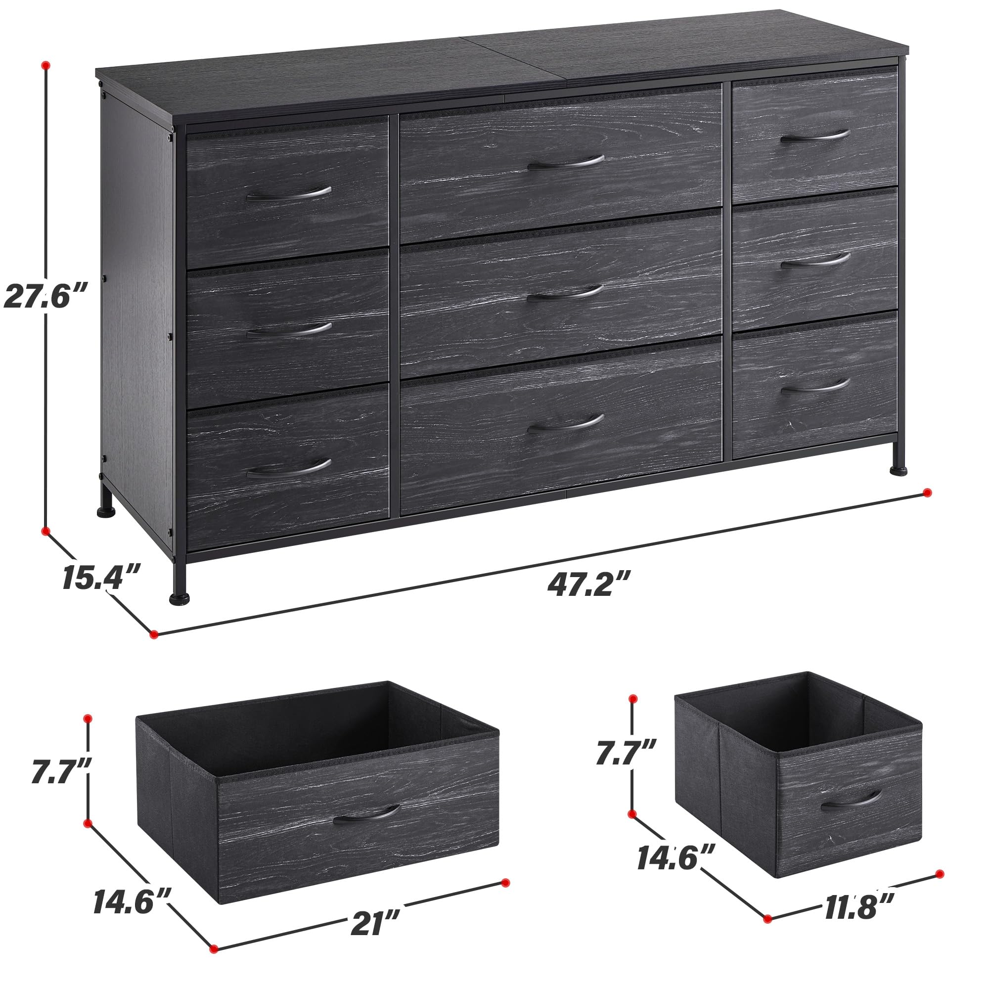 EnHomee Dresser, Dresser for Bedroom with 9 Drawers, Wide Dresser TV Stand for 55” TV Stand for Bedroom Dresser Long Dressers & Chests of Drawers, Metal Frame&Wood Top, Closet, Hallway, Charcoal Black