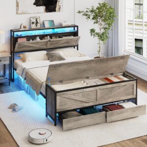 fameill queen size bed frame with storage ottoman and 2 drawers, farmhouse metal platform bed with headboard, led lights and charging station, no box spring needed, noise free, gray