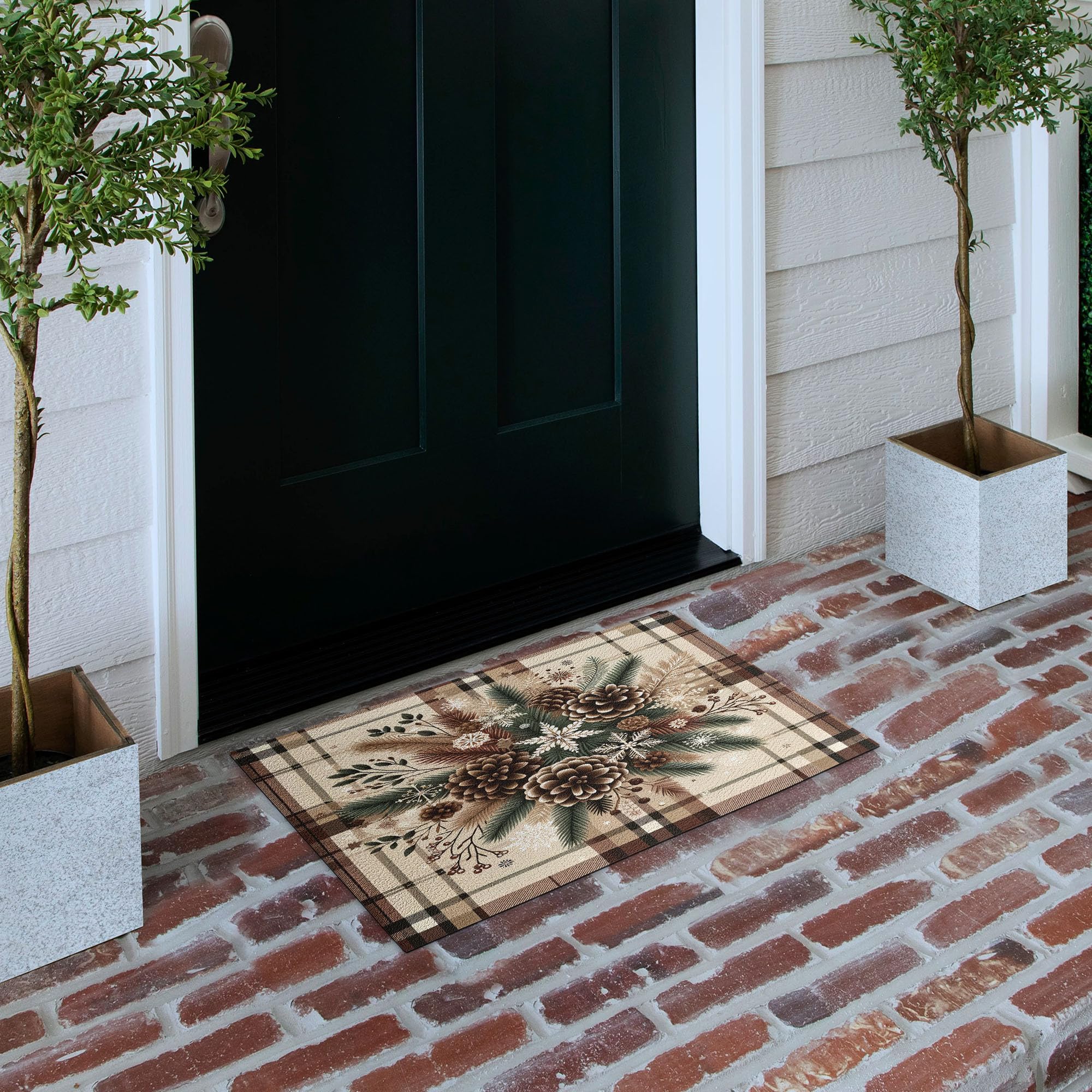 Ambesonne Christmas Doormat, Traditional Xmas Pinecone and Leaves Ornate on Plaid Background Print, Decorative Polyester Floor Mat with Non-Skid Backing, 30" X 18", Cocoa Brown Sage Green