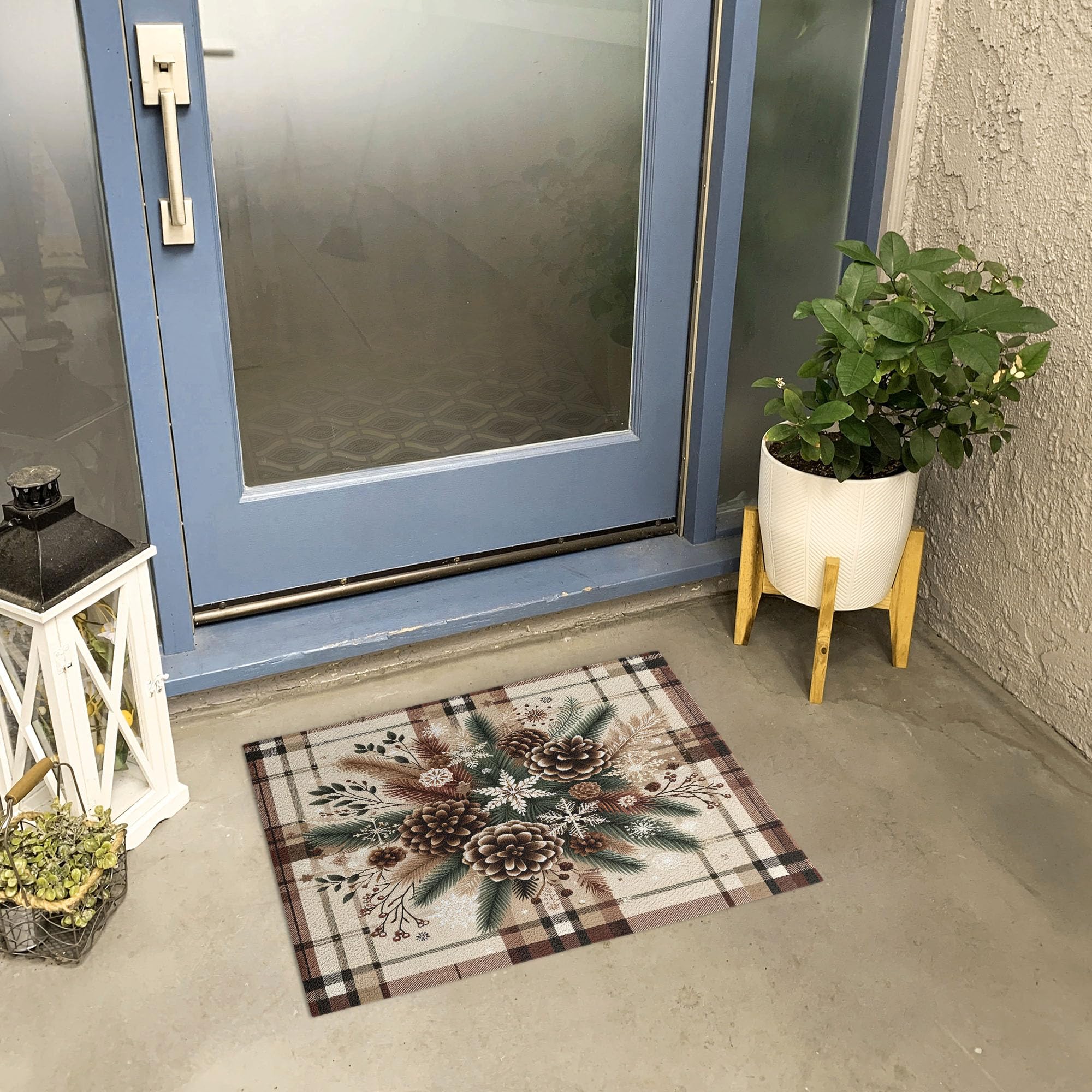 Ambesonne Christmas Doormat, Traditional Xmas Pinecone and Leaves Ornate on Plaid Background Print, Decorative Polyester Floor Mat with Non-Skid Backing, 30" X 18", Cocoa Brown Sage Green