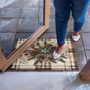 Ambesonne Christmas Doormat, Traditional Xmas Pinecone and Leaves Ornate on Plaid Background Print, Decorative Polyester Floor Mat with Non-Skid Backing, 30" X 18", Cocoa Brown Sage Green