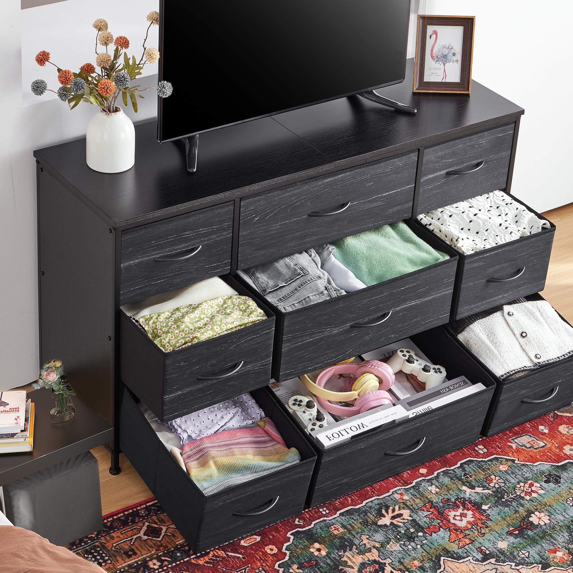 EnHomee Dresser, Dresser for Bedroom with 9 Drawers, Wide Dresser TV Stand for 55” TV Stand for Bedroom Dresser Long Dressers & Chests of Drawers, Metal Frame&Wood Top, Closet, Hallway, Charcoal Black